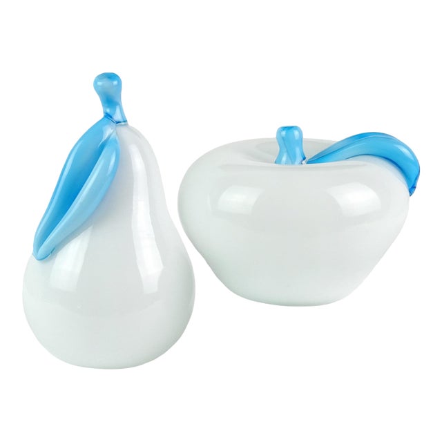 Vintage Murano White Sky Blue Italian Art Glass Pear and Apple Fruit Sculpture Paperweights - Set of 2 For Sale