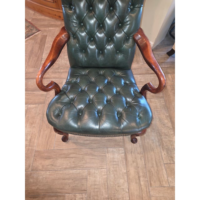 Vintage Fully Tufted Green Leather Gooseneck Chair For Sale - Image 9 of 9