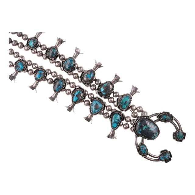 Vintage Navajo Silver and Turquoise Squash Blossom Necklace f For Sale