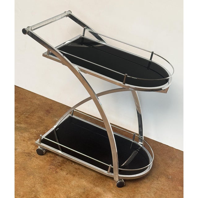 Metal Art Deco Two-Tiered Drinks Cart of Chrome and Black Glass From England For Sale - Image 7 of 8
