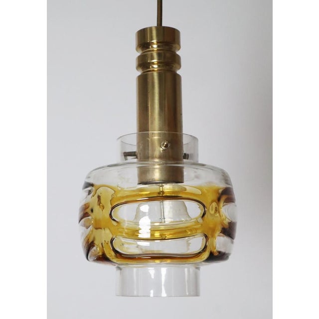 Metal Mid-Century Murano Glass Pendant Lamp with Golden Yellow Waves and Brass, 1970s For Sale - Image 7 of 18