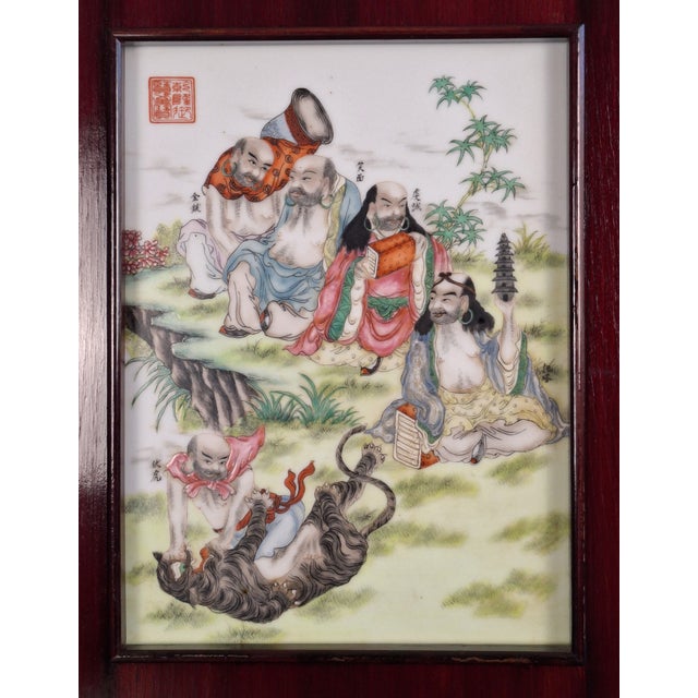 Chinese porcelain Five Luohans plaque, a finely painted, Qianjiang style, scene of five of the Eighteen Luohans in...