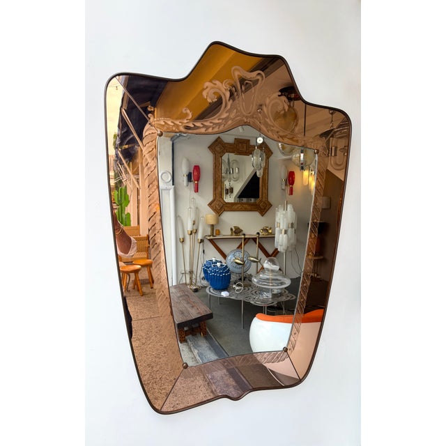 Mirror Brass and Pink Colored Glass by Giovanni Battista Gariboldi Italy, 1950s For Sale - Image 11 of 15