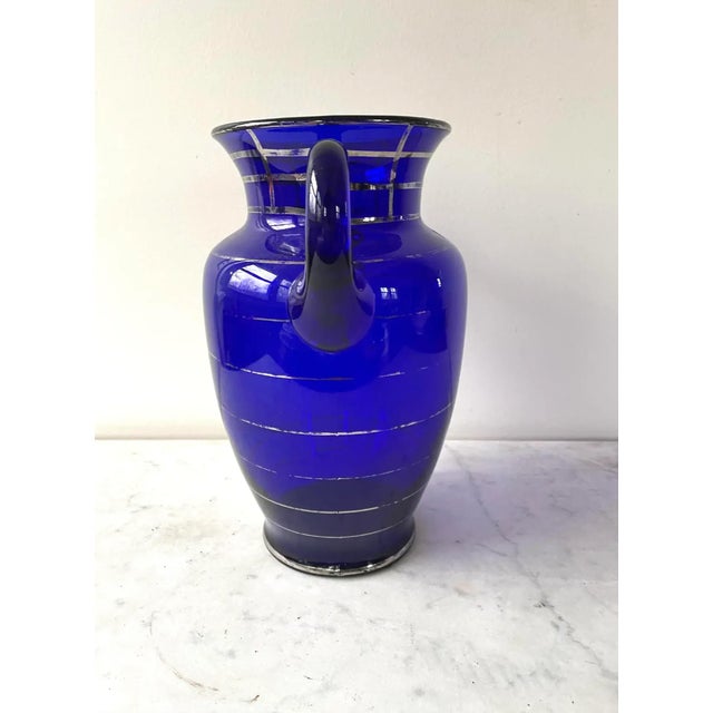 Art Deco Antique Cobalt Blue Glass and Painted Silver Urn Vase For Sale - Image 3 of 6