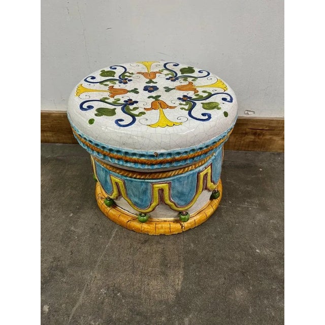 Majolica Italian Ceramic Terracotta Hand Painted Hollywood Regency Stool For Sale In Los Angeles - Image 6 of 10