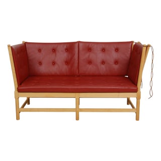 Spoke-Back Sofa in Red Leather by Børge Mogensen, 1980s For Sale