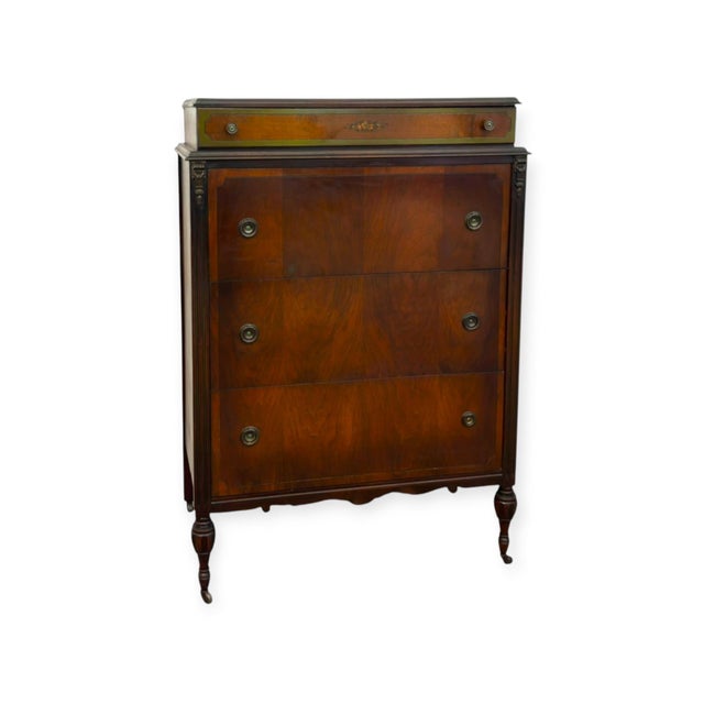 1970s Antique 4-Drawer Wood Tallboy Chest of Drawers With Painted Accents For Sale - Image 5 of 14