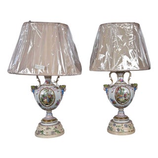Mid 20th Century Regency Style, Urn Table Lamps, Porcelain, Painted Wood, France For Sale