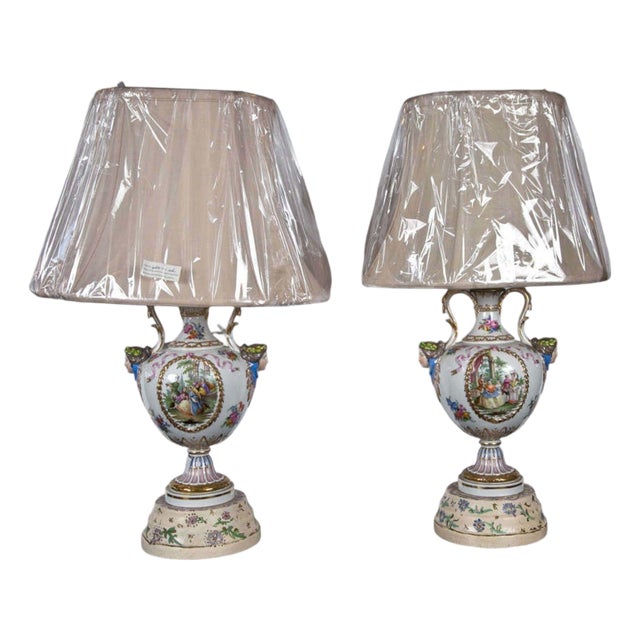 Mid 20th Century Regency Style, Urn Table Lamps, Porcelain, Painted Wood, France - a Pair For Sale