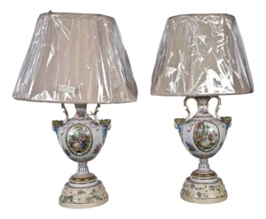 Mid 20th Century Regency Style, Urn Table Lamps, Porcelain, Painted Wood, France - a Pair