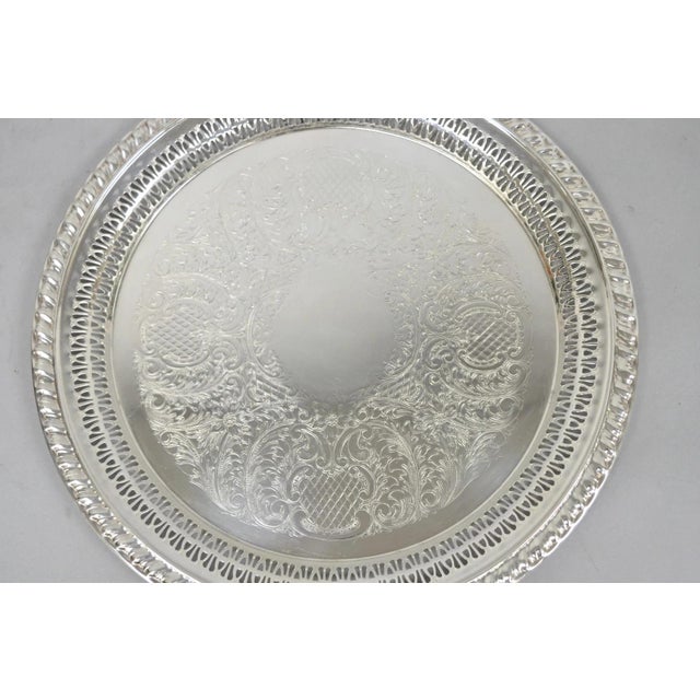 Victorian Vintage Leonard Silver Plated Pierced Gallery Round Serving Platter Tray For Sale - Image 3 of 14