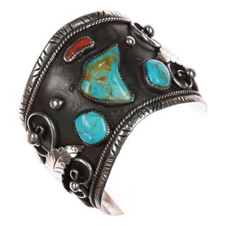 7 3/8" 1970's Navajo Dan Thunder Bolt Silver, turquoise, and coral cuff bracelet For Sale