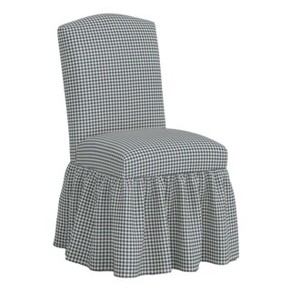 Stoffer Home x Cloth & Company Thelma Ruffle Camel Back Dining Chair in Denim Blue Mini Gingham For Sale