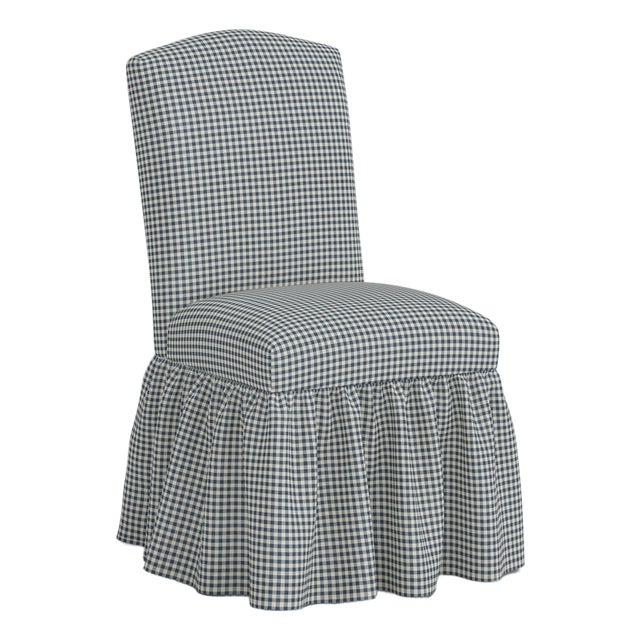 Stoffer Home x Cloth & Company Thelma Ruffle Camel Back Dining Chair in Denim Blue Mini Gingham For Sale