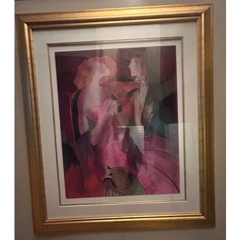 Late 20th Century Vintage Framed "L'Éventail" Portrait of Couple by Linda Le Kinff in Gold Frame For Sale - Image 5 of 6