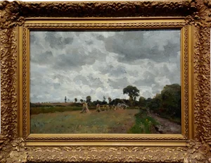 Jan Wijsmuller -Haystacks on a Stormy Farm Landscape- C1910s Dutch Oil Painting