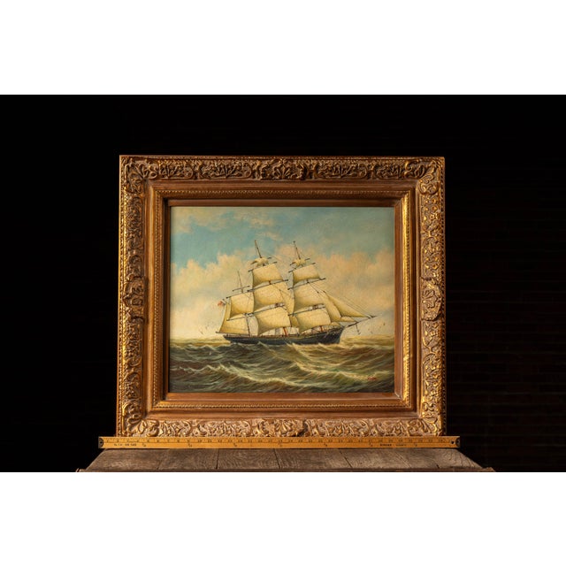 Textile Early 20th Century Ship at Sea | Large Format Framed Oil Painting, Signed For Sale - Image 7 of 7