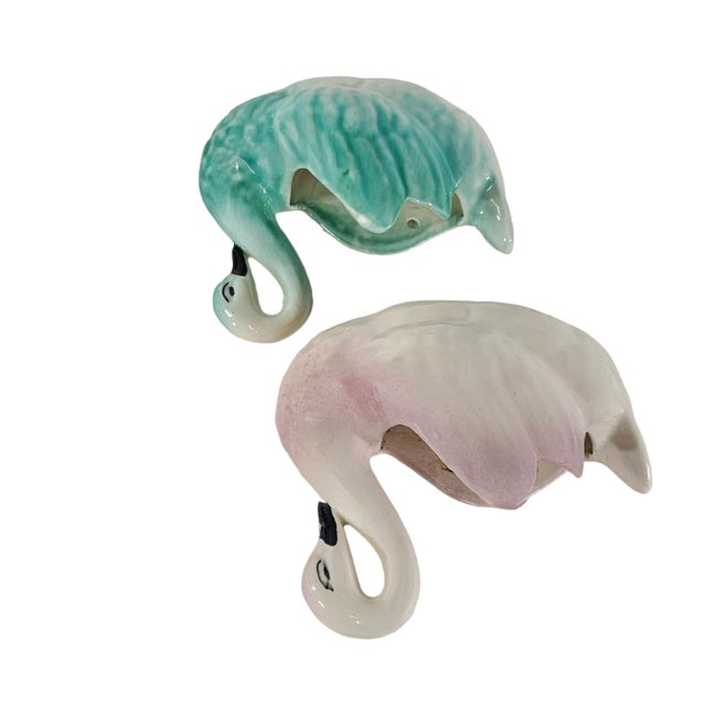 Mid-Century Modern Mid Century Ceramic Swan Wall Pockets Pair Pink Green Planters Wall Art For Sale - Image 3 of 10