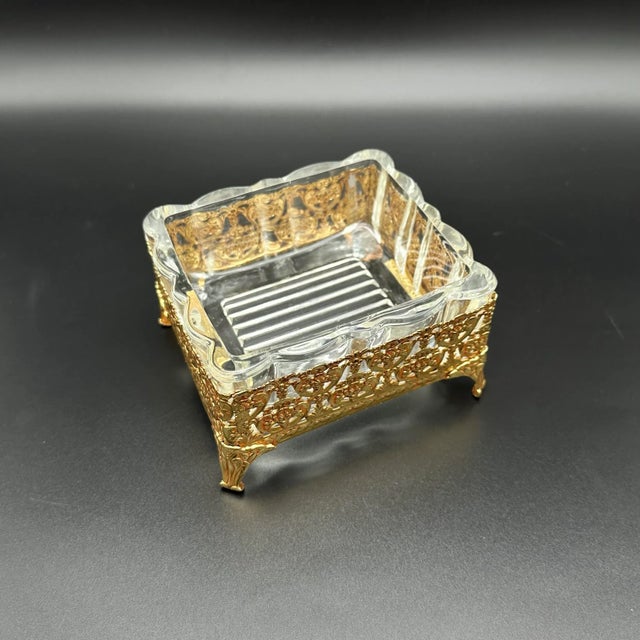 French Vintage Hollywood Regency Ormolu Filigree Gold Gilt Vanity Accessories Set Perfume Bottles & Soap Dish 3 Pieces For Sale - Image 3 of 12