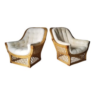 Vintage Lattice Design Rattan and Leather Lounge Chairs - a Pair For Sale