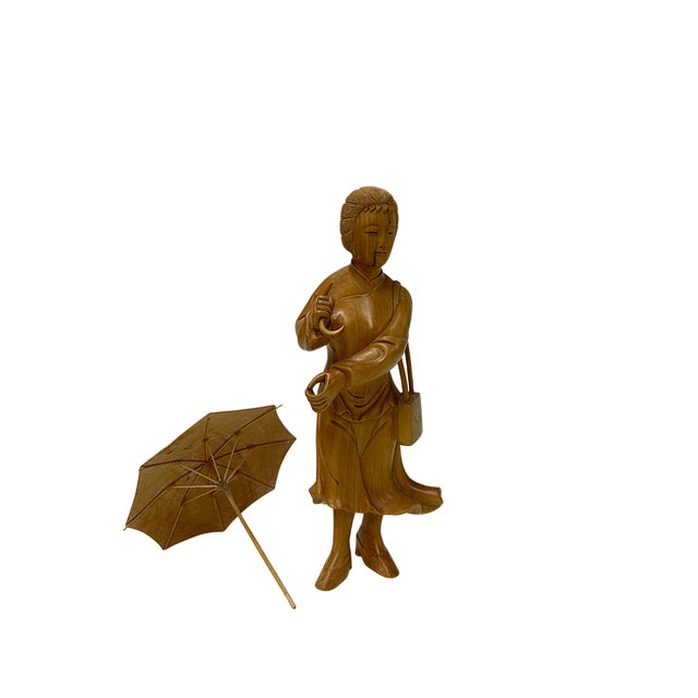 Light Tan Wood Crafted Lady Holding Umbrella Art Figure For Sale - Image 4 of 9