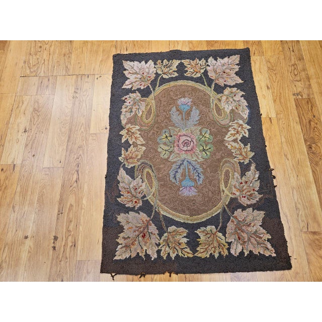 Vintage Hand-Hooked Rug, Floral Pattern, Wool & Cotton, American Folk Art, 3x4 For Sale - Image 4 of 16