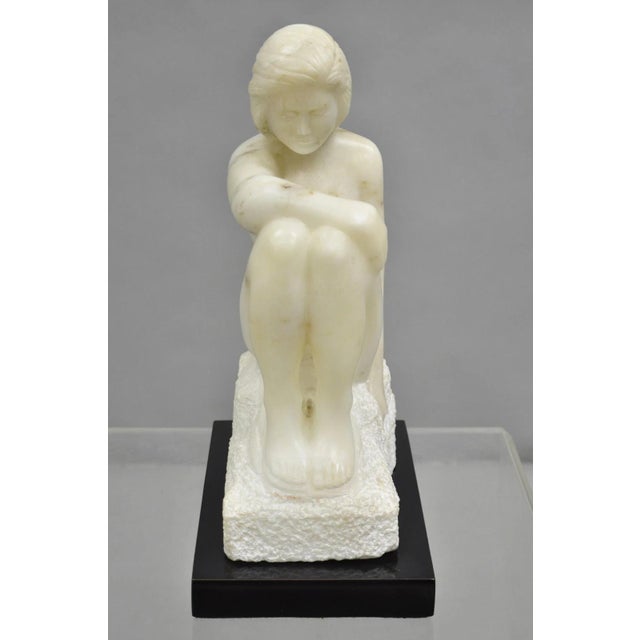 Late 20th Century Morton Gaffin "Seated Woman" Modernist Carved White Alabaster Nude Sculpture For Sale - Image 9 of 12