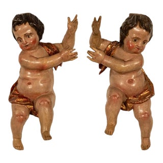 Pair Antique 18thC Italian Baroque Carved Polychrome Putti Angels Statues 1700 For Sale