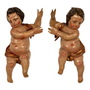 Pair Antique 18thC Italian Baroque Carved Polychrome Putti Angels Statues 1700