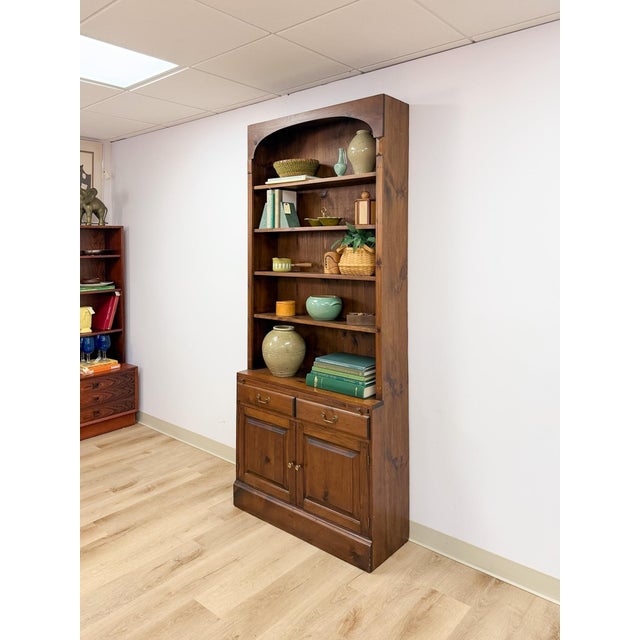 Handmade Pine Walnut Tone Bookcase Desk Drawers Cabinet Antique Style For Sale - Image 13 of 16