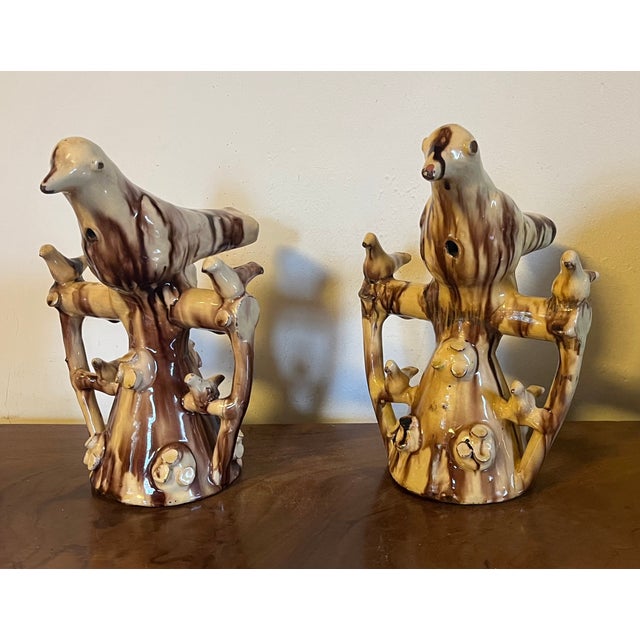 Ceramic 19th Century English Folk Art Staffordshire Redware Slip Decorated Treacle Glaze Bird Dovecote Whistles, Circa 1820 - A Pair For Sale - Image 7 of 11
