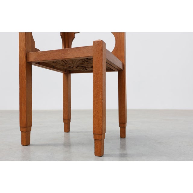 Art Deco Oak Corner Chair with Cut‑Out Backrest and Rush Seat, Belgium, 1920 For Sale - Image 10 of 11