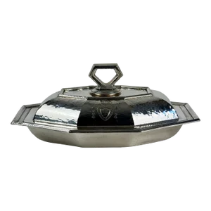 Antique Heraldic by 1847 Rogers Bros Silver Plated Hammered Double Compartment Cover Dish, 00747/S