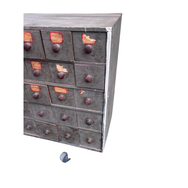 Mid 20th Century Primitive Industrial Parts Cabinet Handmade Wooden Cheese Box Drawers For Sale - Image 4 of 18