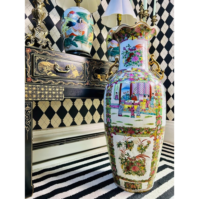 Tall Floor Rose Medallion Porcelain Chinoiserie Vase 36", Scroll Handles For Sale In Boston - Image 6 of 11