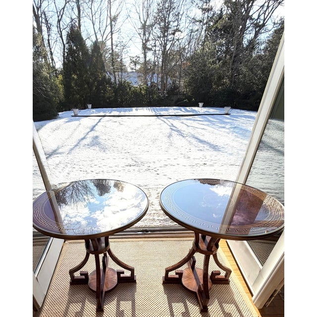 French Greek Key Round Side Tables, Brass, Burlwood,Set of 2 For Sale - Image 16 of 18