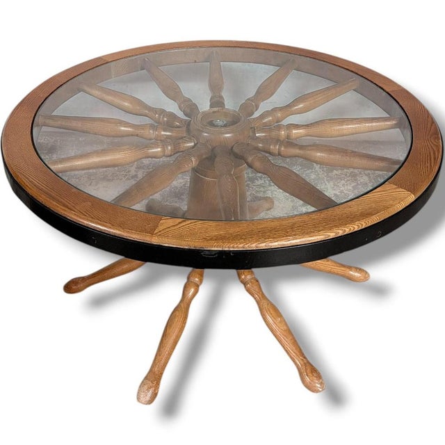 Rustic Vintage Ship Wheel Table in Elm and Oak with Glass Top For Sale - Image 3 of 9