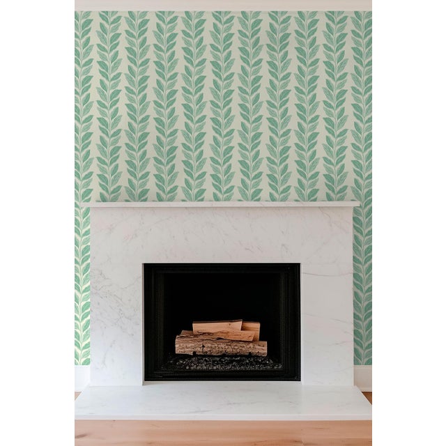 Garden Leaf Stripe Grasscloth Wallpaper by House Party | Sage & Mint Green | 6 Yards For Sale - Image 4 of 6