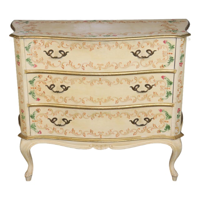 Vintage Italian Venetian Style Creme Painted Decorated and Gilt Commode C. 1950s For Sale