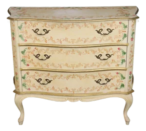 Vintage Italian Venetian Style Creme Painted Decorated and Gilt Commode C. 1950s