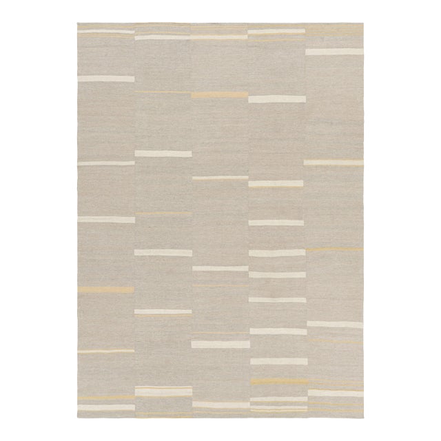 Rug & Kilim’s Contemporary Kilim With Textural Taupe, Cream and Gold Stripes For Sale