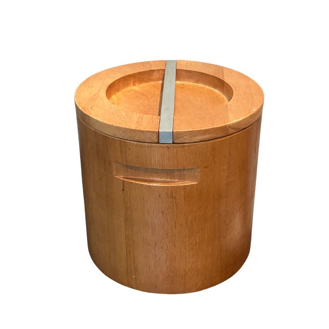 Vintage Mid-Century Modern Wooden Ice Bucket | Scandinavian Teak or Maple Barware with Metal Handle Lid This vintage mid-...