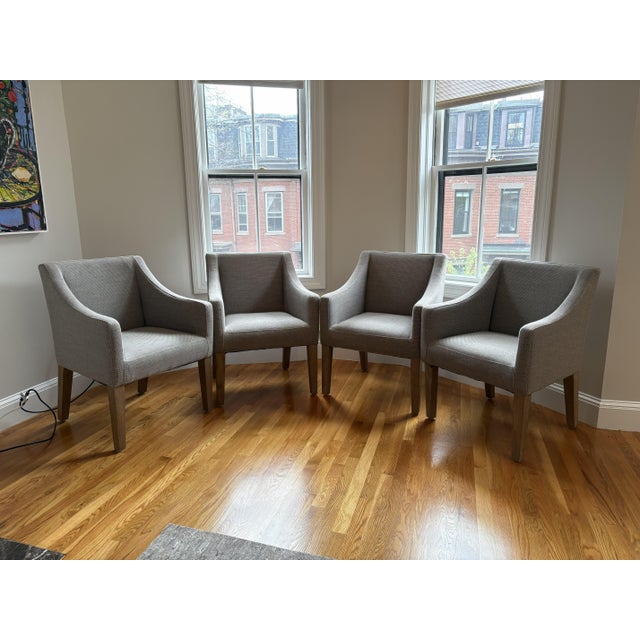 Practically New Set of 4 Pottery Barn Slope Arm Dining Chairs Gray W/ Seadrift Legs For Sale In Boston - Image 6 of 8