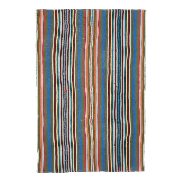 Vintage Turkish Oushak Handmade Wool Cotton Blue Kilim Area Rug For Sale