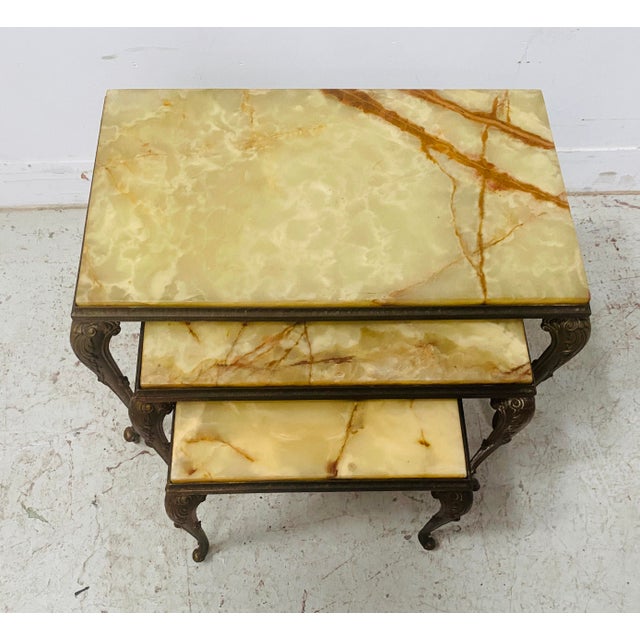 Nesting Tables in Onyx and Brass, Set of 3 For Sale - Image 3 of 8