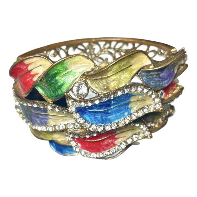 Mid 20th Century Enamel Rhinstone Hinged Cuff Bracelet For Sale
