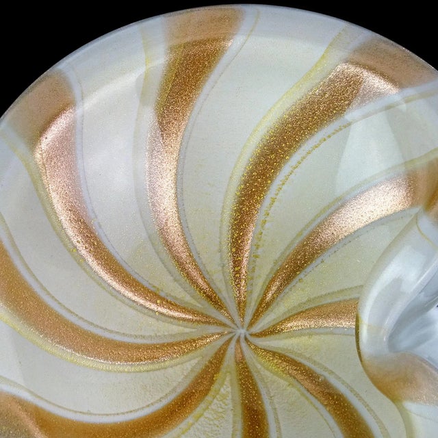 Mid 20th Century Vintage Barbini Murano White Gold Flecks Copper Aventurine Stripes Italian Art Glass Decorative Bowl For Sale - Image 5 of 8