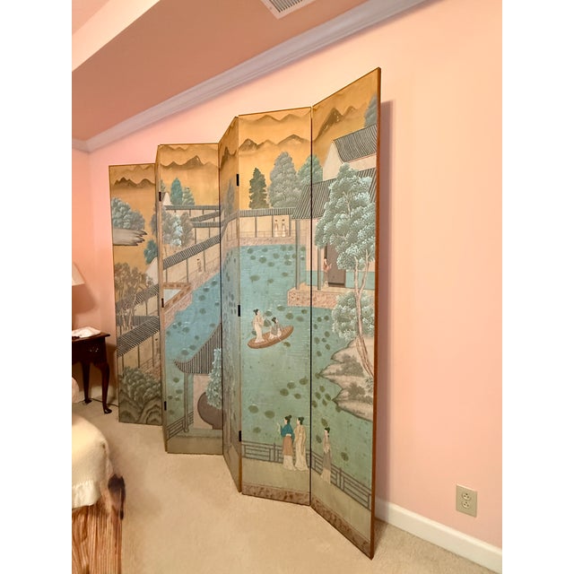 Antique Six Panel Watercolor Floor Screen A unique screen in muted watercolors depicting a waterfront village scene....