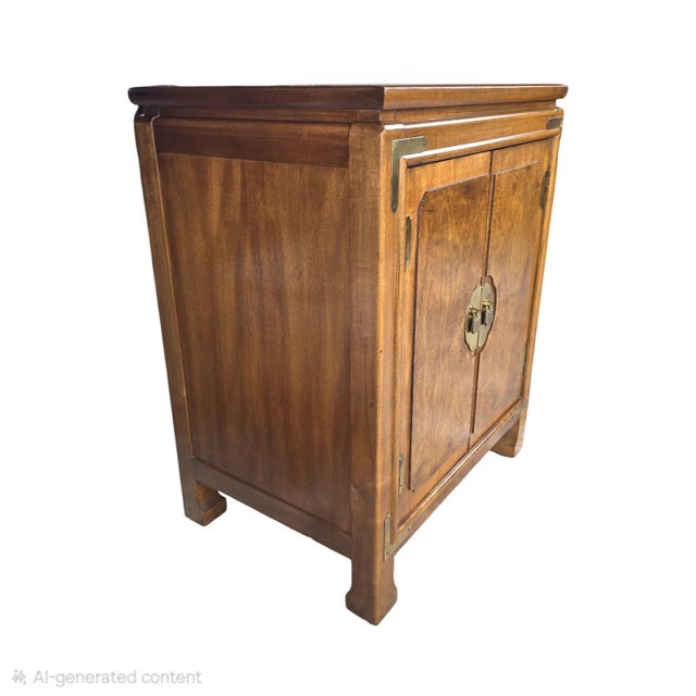 Wood Vintage Thomasville Burl Wood Asian Modern Nightstands With Brass Hardware - Pair For Sale - Image 7 of 12