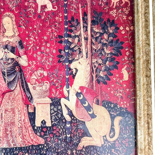 Burgundy Late 20th Century Coordinating Pair of Framed Medieval Unicorn Tapestry Prints in Gilt and Mahogany-Tone Frames - Set of 2 For Sale - Image 8 of 12